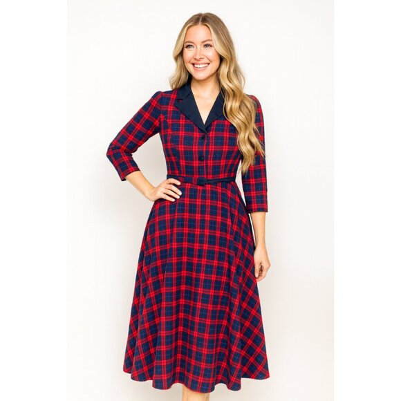 Women's  3/4 Sleeve V-Neck A-Line Dress – XS – Blue/Red Plaid – NWT - Picture 1 of 9